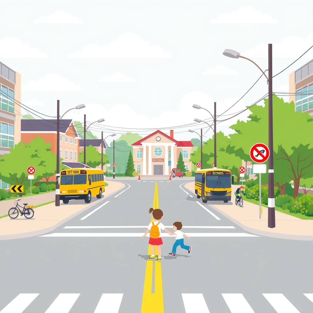 초등학교 앞 아침 등굣길, 교통안전지도사가 밝은 조끼를 입고 아이들과 함께 횡단보도 앞에서 안전하게 건너는 모습, 주변에 차량과 자전거, 학교 정문이 보이는 한국 도심 풍경